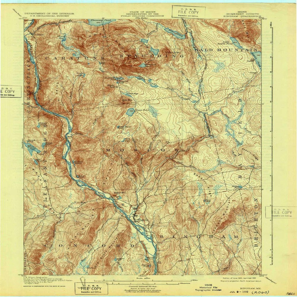 YellowMaps Bingham ME topo map, 1:62500 Scale, 15 X 15 Minute, Historical, 1905, Updated 1932, 20.3 x 15.5 in - Tyvek