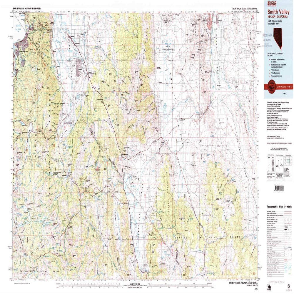 YellowMaps Smith Valley NV topo map, 1:100000 Scale, 30 X 60 Minute, Historical, 1985, Updated 1985, 24.1 x 41.2 in - Polypropylene