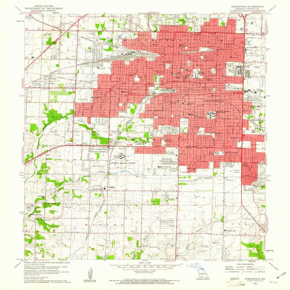 YellowMaps Springfield MO topo map, 1:24000 Scale, 7.5 X 7.5 Minute, Historical, 1960, Updated 1961, 26.9 x 21.9 in - Polypropylene