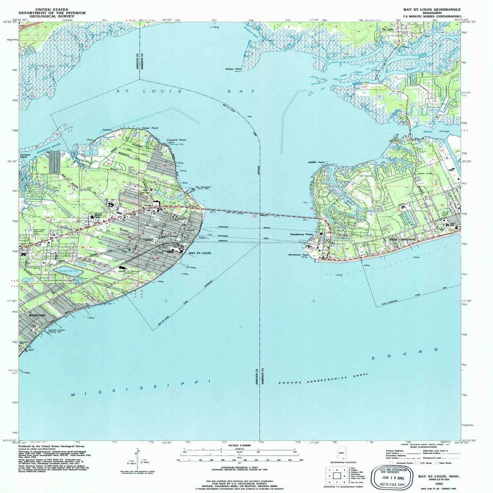 YellowMaps Bay St Louis MS topo map, 1:24000 Scale, 7.5 X 7.5 Minute, Historical, 1993, Updated 1995, 26.8 x 22 in - Polypropylene