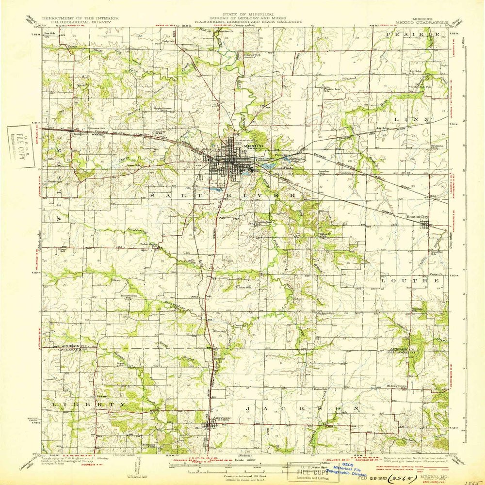 YellowMaps Mexico MO topo map, 1:62500 Scale, 15 X 15 Minute, Historical, 1932, 19.9 x 16.3 in - Tyvek