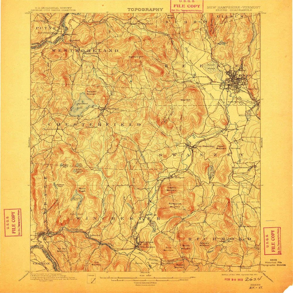 YellowMaps Keene NH topo map, 1:62500 Scale, 15 X 15 Minute, Historical, 1898, Updated 1911, 19.8 x 16.4 in - Polypropylene