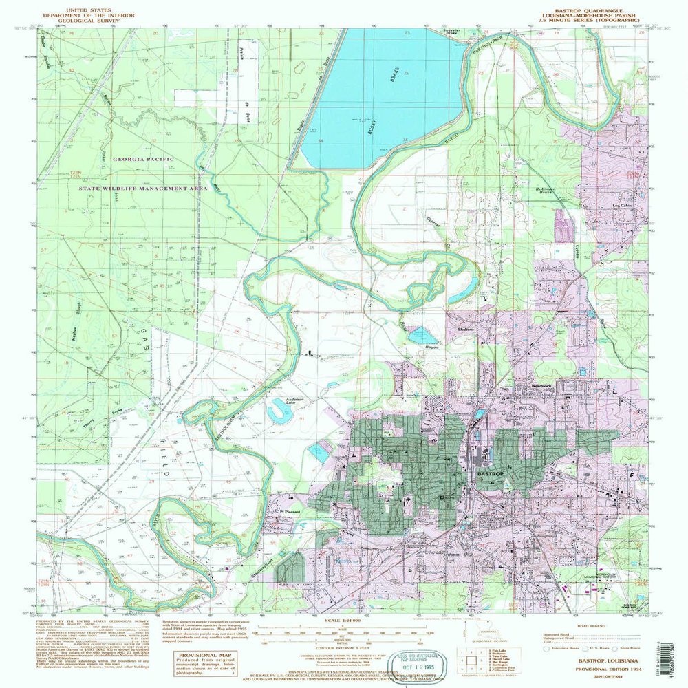 YellowMaps Bastrop LA topo map, 1:24000 Scale, 7.5 X 7.5 Minute, Historical, 1994, Updated 1995, 26.7 x 21.6 in - Tyvek