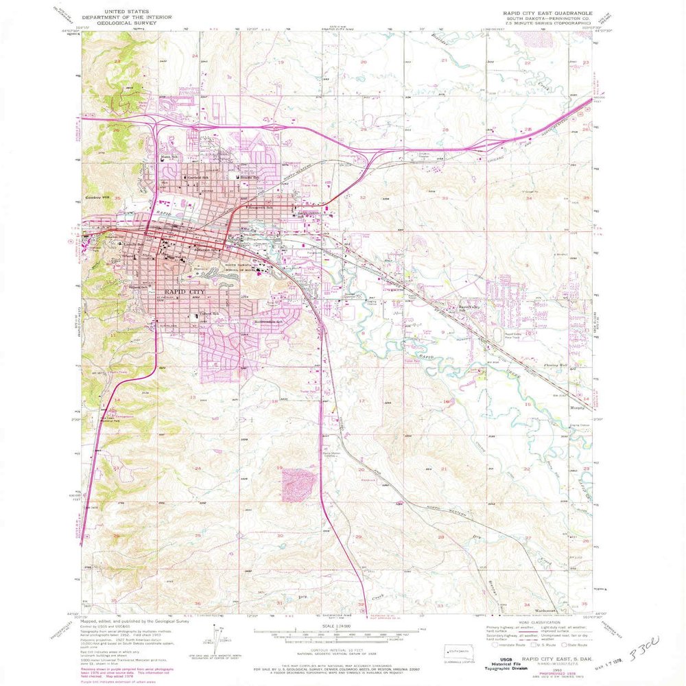 YellowMaps Rapid City East SD topo map, 1:24000 Scale, 7.5 X 7.5 Minute, Historical, 1953, Updated 1978, 26.8 x 22.1 in - Tyvek