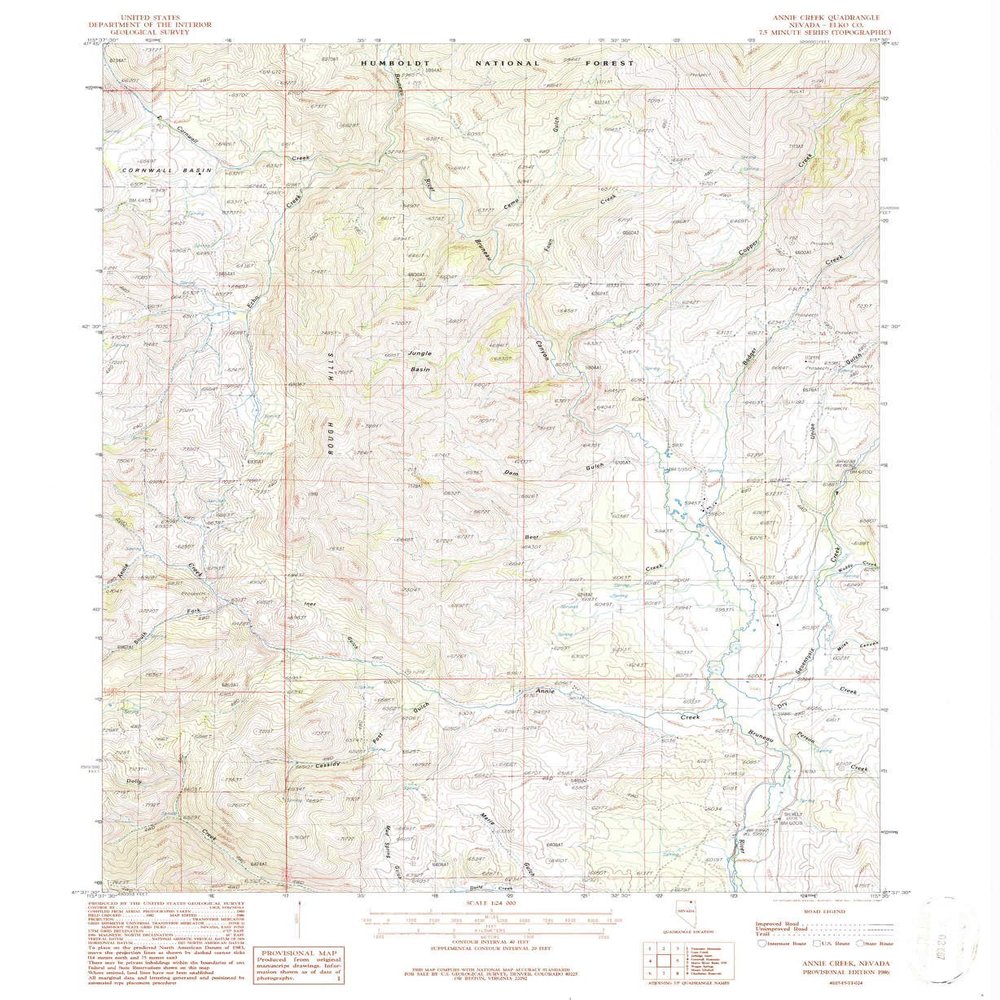 YellowMaps Annie Creek NV topo map, 1:24000 Scale, 7.5 X 7.5 Minute, Historical, 1986, Updated 1987, 26.8 x 22 in - Polypropylene