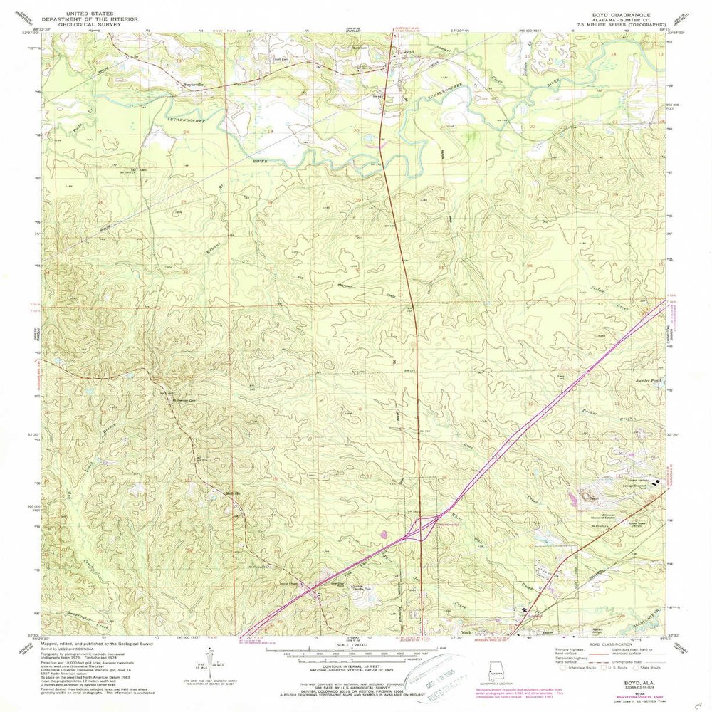 YellowMaps Boyd AL topo map, 1:24000 Scale, 7.5 X 7.5 Minute, Historical, 1974, Updated 1987, 26.9 x 22 in - Polypropylene