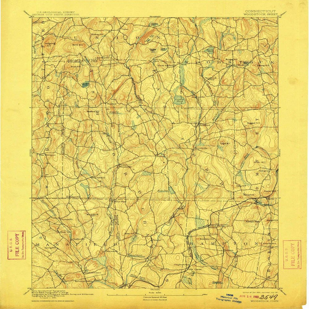 YellowMaps Woodstock CT topo map, 1:62500 Scale, 15 X 15 Minute, Historical, 1892, Updated 1911, 19.9 x 16.4 in - Tyvek