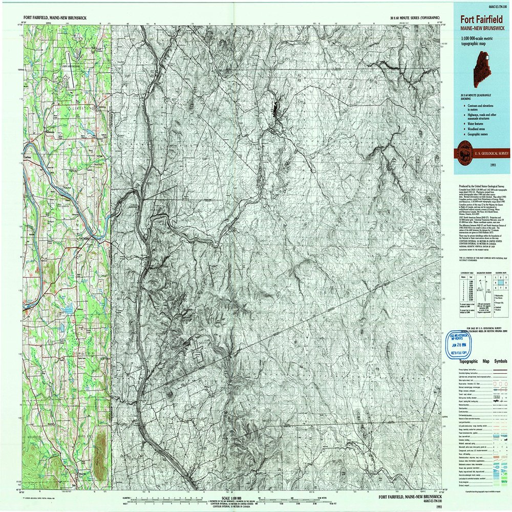 YellowMaps Fort Fairfield ME topo map, 1:100000 Scale, 30 X 60 Minute, Historical, 1993, Updated 1993, 24.1 x 36.8 in - Polypropylene