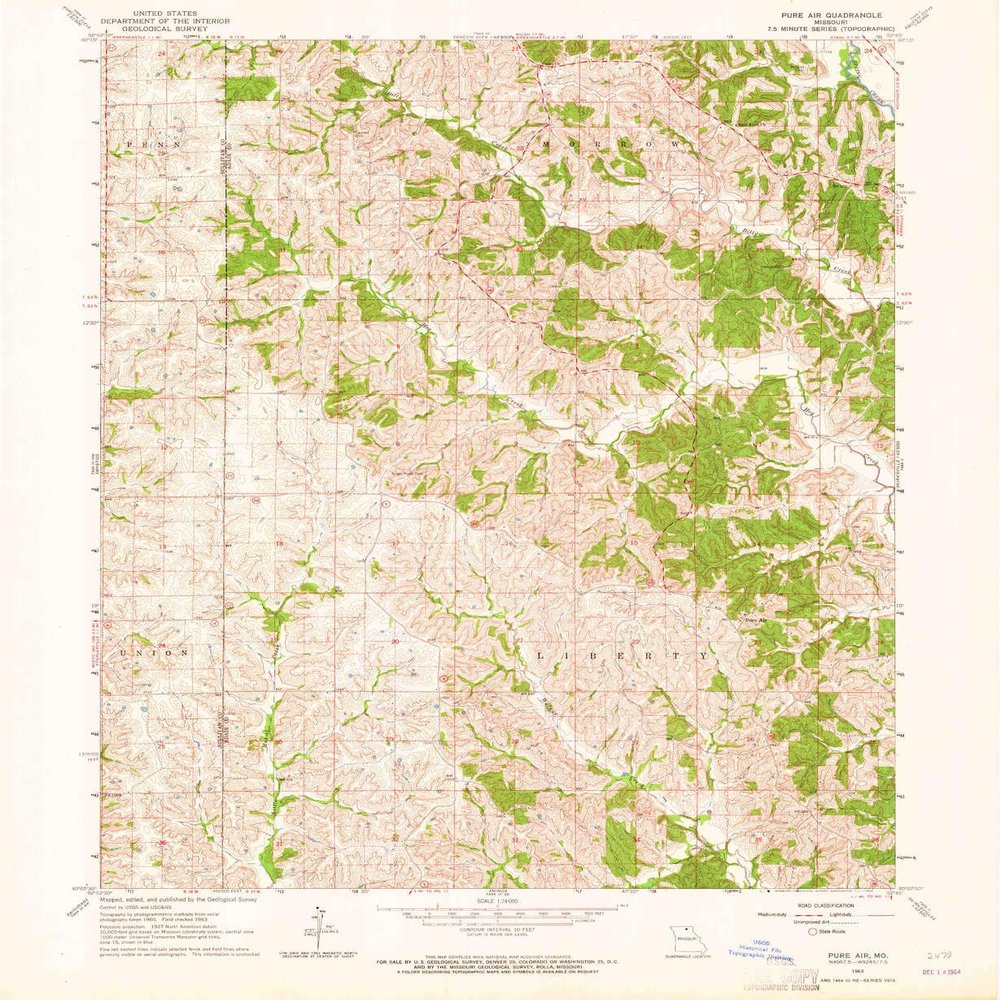 YellowMaps Pure Air MO topo map, 1:24000 Scale, 7.5 X 7.5 Minute, Historical, 1963, Updated 1964, 26.8 x 22 in - Polypropylene