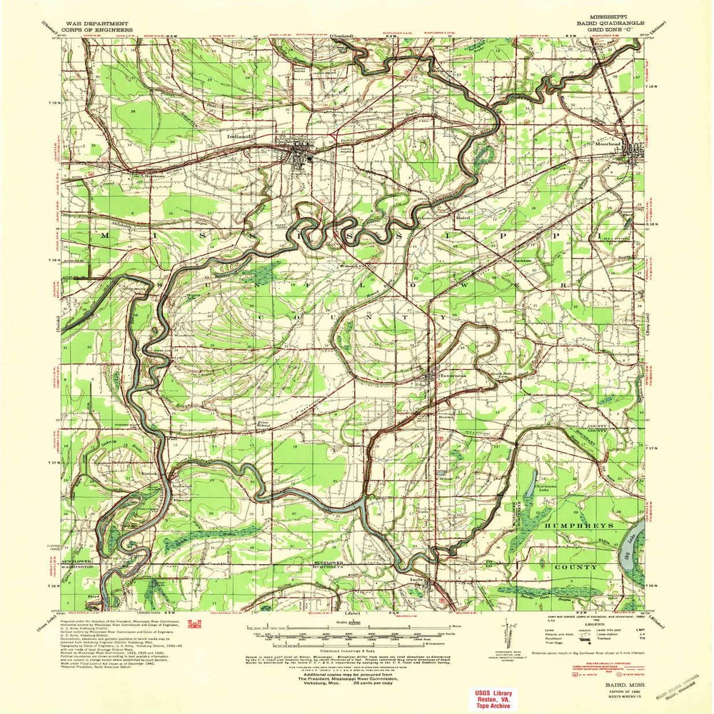 YellowMaps Baird MS topo map, 1:62500 Scale, 15 X 15 Minute, Historical, 1940, Updated 1942, 21.8 x 17.9 in - Polypropylene