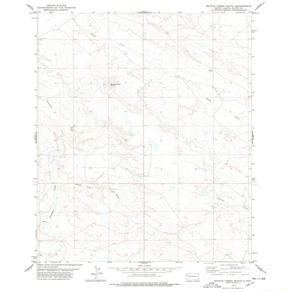 YellowMaps Battle Creek Butte SD topo map, 1:24000 Scale, 7.5 X 7.5 Minute, Historical, 1978, Updated 1978, 26.8 x 22 in - Polypropylene