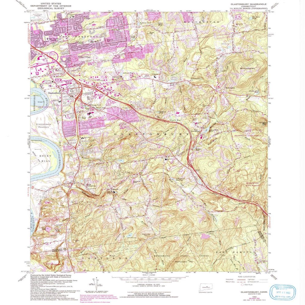 YellowMaps Glastonbury CT topo map, 1:24000 Scale, 7.5 X 7.5 Minute, Historical, 1964, Updated 1992, 26.7 x 21.9 in - Tyvek