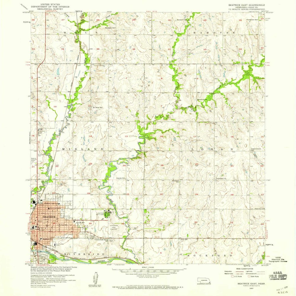 YellowMaps Beatrice East NE topo map, 1:24000 Scale, 7.5 X 7.5 Minute, Historical, 1957, Updated 1959, 26.8 x 22 in - Polypropylene