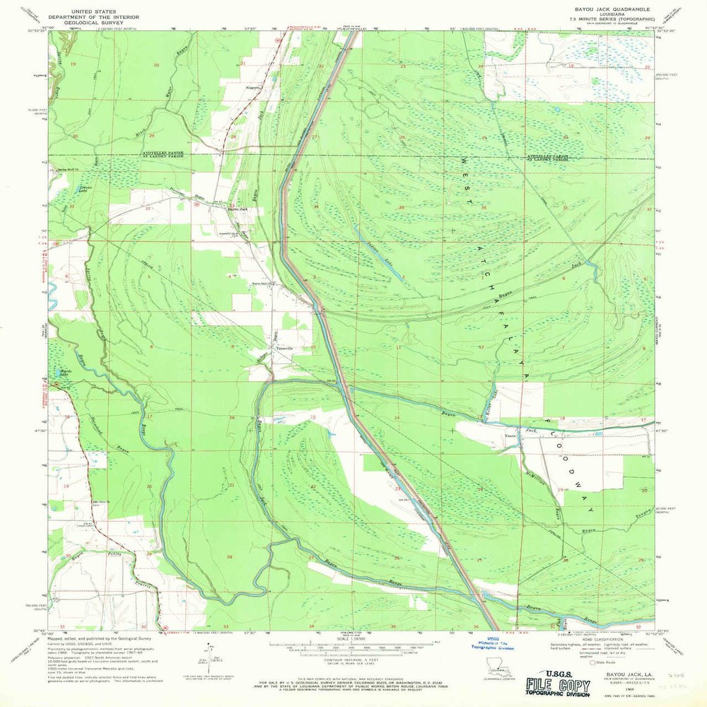 YellowMaps Bayou Jack LA topo map, 1:24000 Scale, 7.5 X 7.5 Minute, Historical, 1969, Updated 1971, 26.8 x 22.9 in - Tyvek