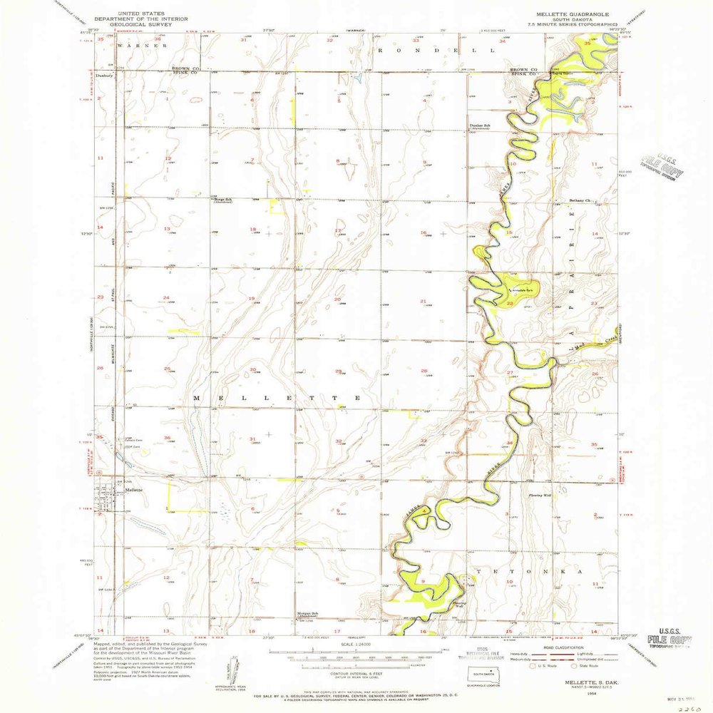 Mellette SD topo map, 1:24000 Scale, 7.5 X 7.5 Minute, Historical, 1954, Updated 1955, 27 x 21.9 in - Polypropylene