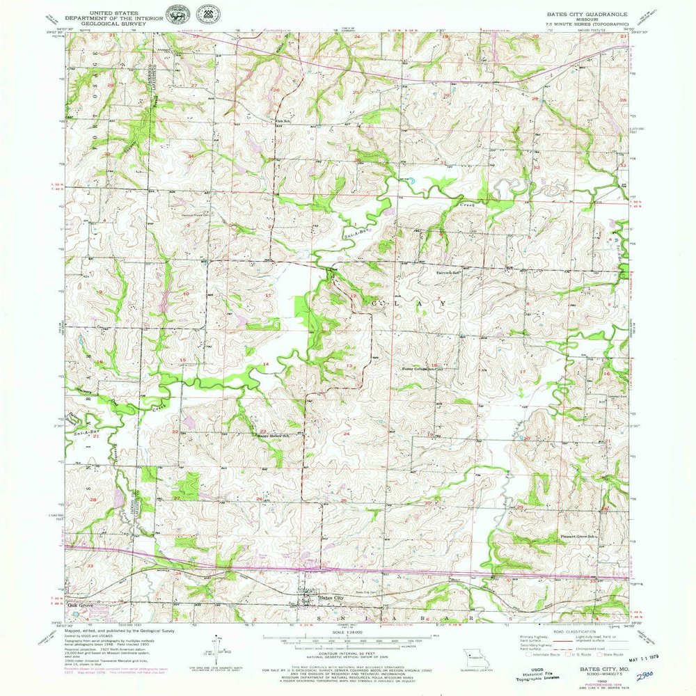 YellowMaps Bates City MO topo map, 1:24000 Scale, 7.5 X 7.5 Minute, Historical, 1950, Updated 1979, 26.8 x 21.9 in - Tyvek