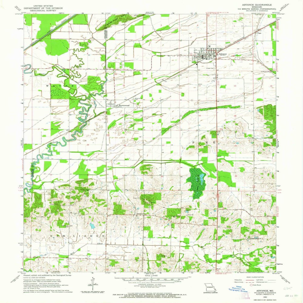 YellowMaps Advance MO topo map, 1:24000 Scale, 7.5 X 7.5 Minute, Historical, 1963, Updated 1964, 26.7 x 21.9 in - Polypropylene