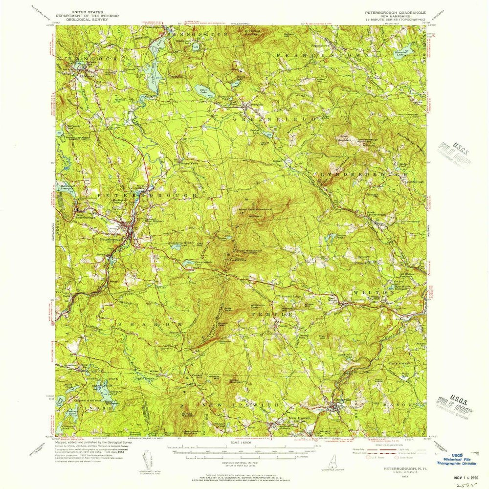 YellowMaps Peterborough NH topo map, 1:62500 Scale, 15 X 15 Minute, Historical, 1953, Updated 1956, 20.8 x 17 in - Polypropylene