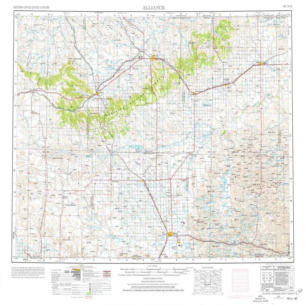 YellowMaps Alliance NE topo map, 1:250000 Scale, 1 X 2 Degree, Historical, 1955, Updated 1977, 22.1 x 29 in - Polypropylene