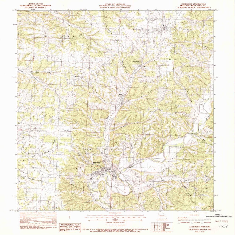 YellowMaps Anderson MO topo map, 1:24000 Scale, 7.5 X 7.5 Minute, Historical, 1982, Updated 1982, 26.7 x 21.9 in - Polypropylene