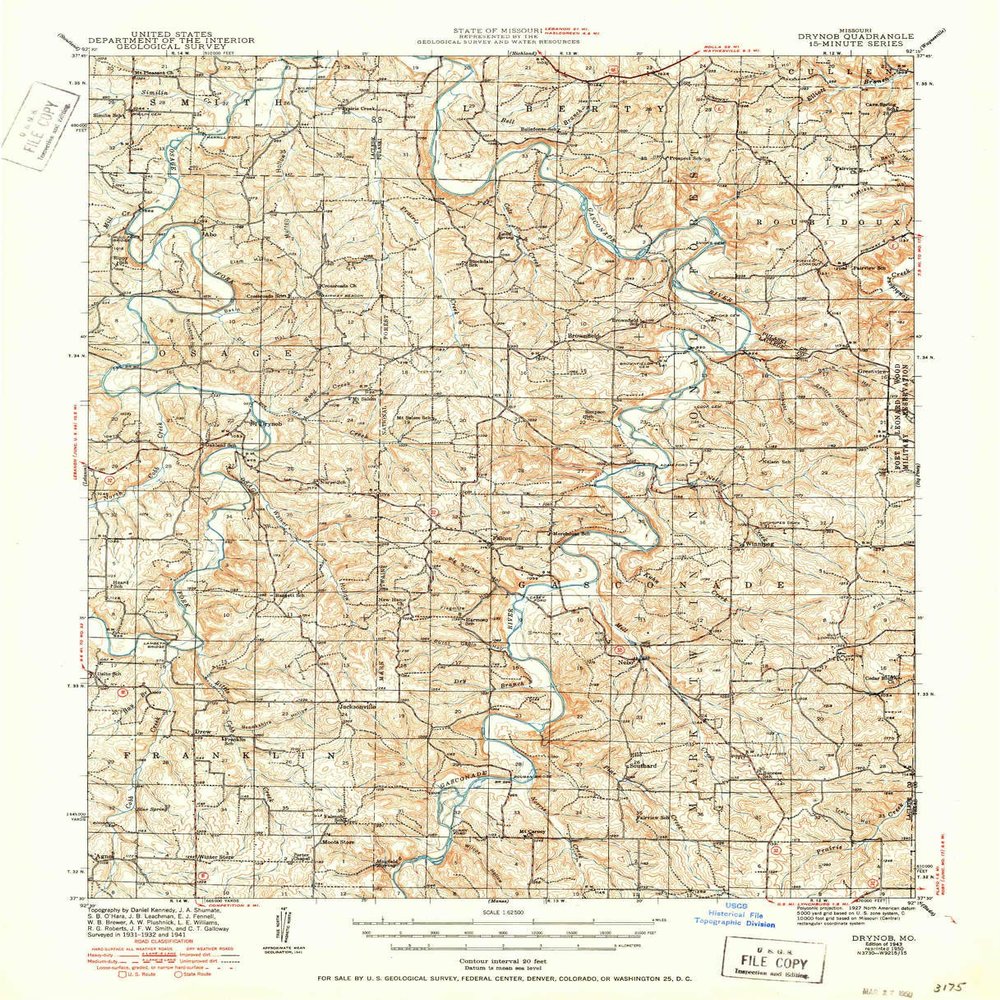 YellowMaps Drynob MO topo map, 1:62500 Scale, 15 X 15 Minute, Historical, 1943, Updated 1950, 20.7 x 16.8 in - Tyvek