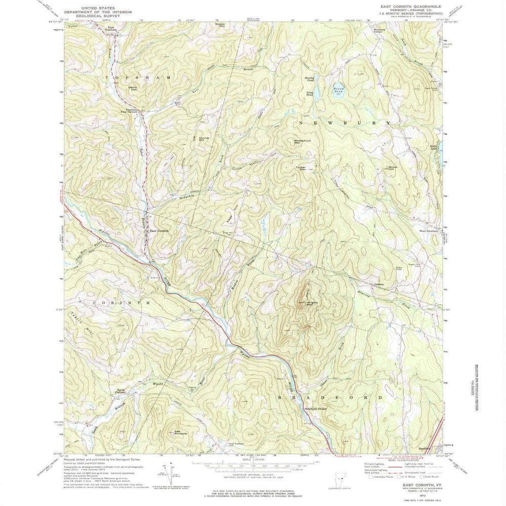 YellowMaps East Corinth VT topo map, 1:24000 Scale, 7.5 X 7.5 Minute, Historical, 1973, Updated 1975, 26.7 x 22 in - Polypropylene