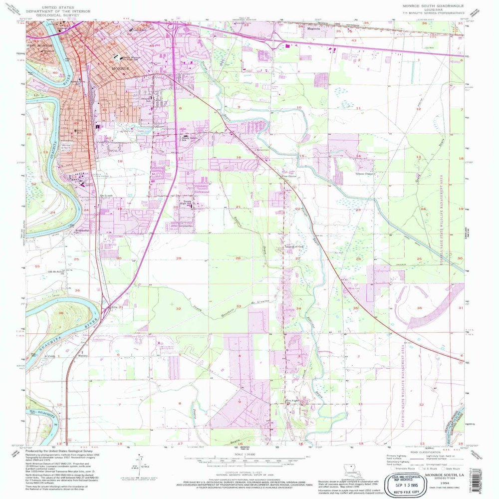 YellowMaps Monroe South LA topo map, 1:24000 Scale, 7.5 X 7.5 Minute, Historical, 1994, Updated 1995, 26.7 x 21.9 in - Polypropylene