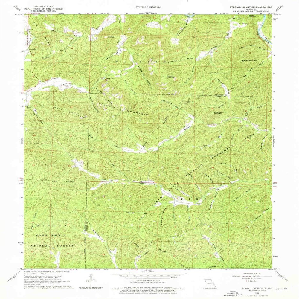 YellowMaps Stegall Mountain MO topo map, 1:24000 Scale, 7.5 X 7.5 Minute, Historical, 1965, Updated 1976, 26.8 x 22 in - Tyvek