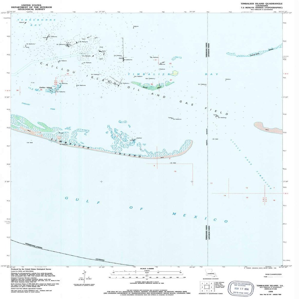 YellowMaps Timbalier Island LA topo map, 1:24000 Scale, 7.5 X 7.5 Minute, Historical, 1994, Updated 1994, 26.9 x 22 in - Polypropylene