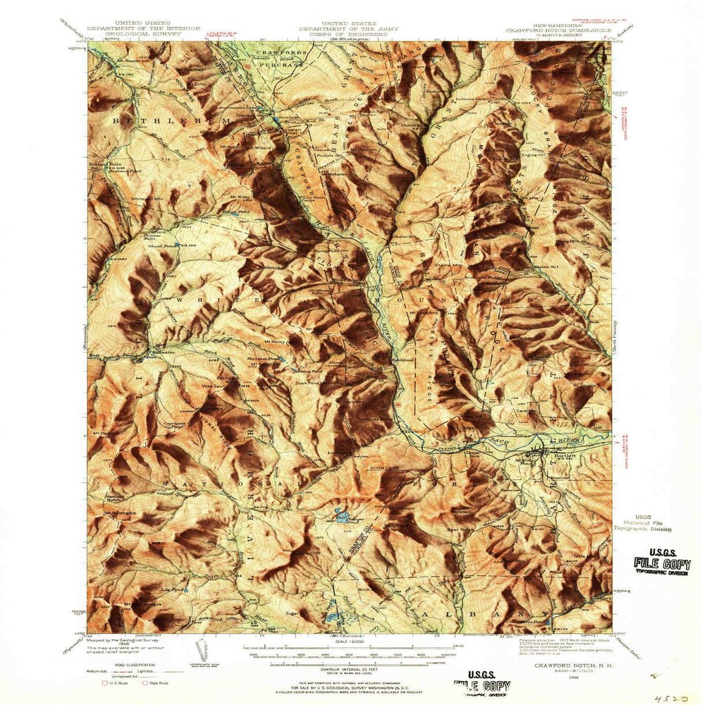 YellowMaps Crawford Notch NH topo map, 1:62500 Scale, 15 X 15 Minute, Historical, 1946, Updated 1960, 20.8 x 16.9 in - Tyvek