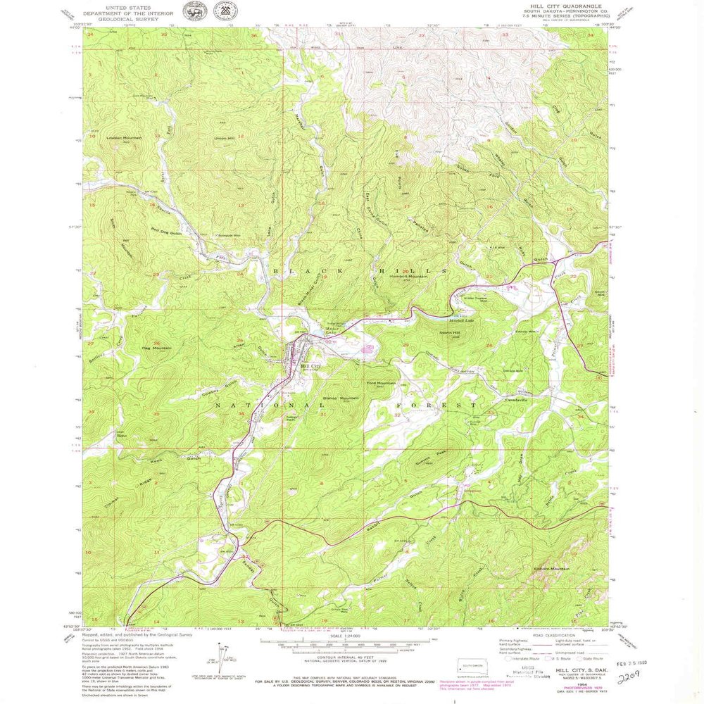 YellowMaps Hill City SD topo map, 1:24000 Scale, 7.5 X 7.5 Minute, Historical, 1954, Updated 1979, 26.8 x 22.1 in - Polypropylene