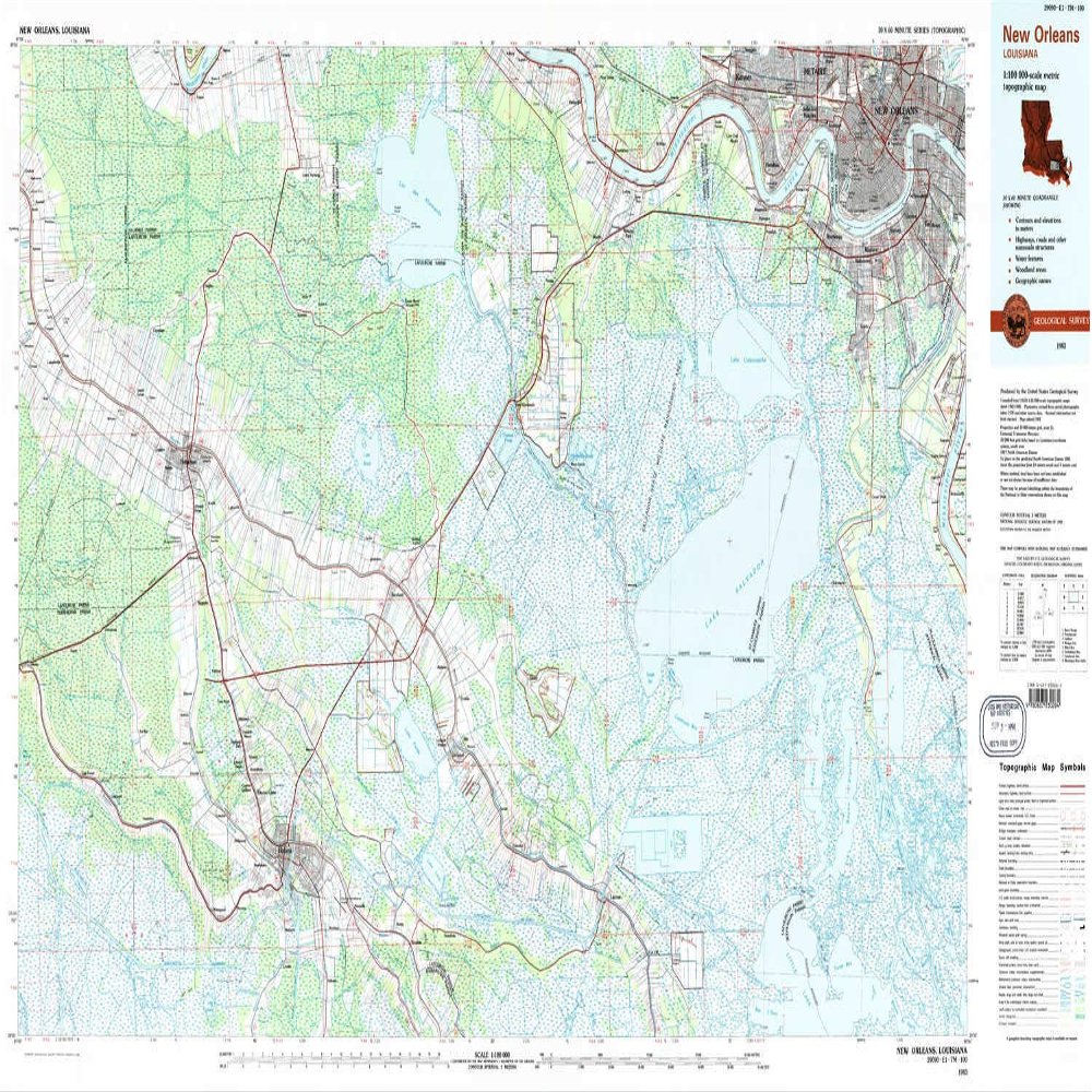 YellowMaps New Orleans LA topo map, 1:100000 Scale, 30 X 60 Minute, Historical, 1983, Updated 1983, 24.1 x 43.9 in - Polypropylene