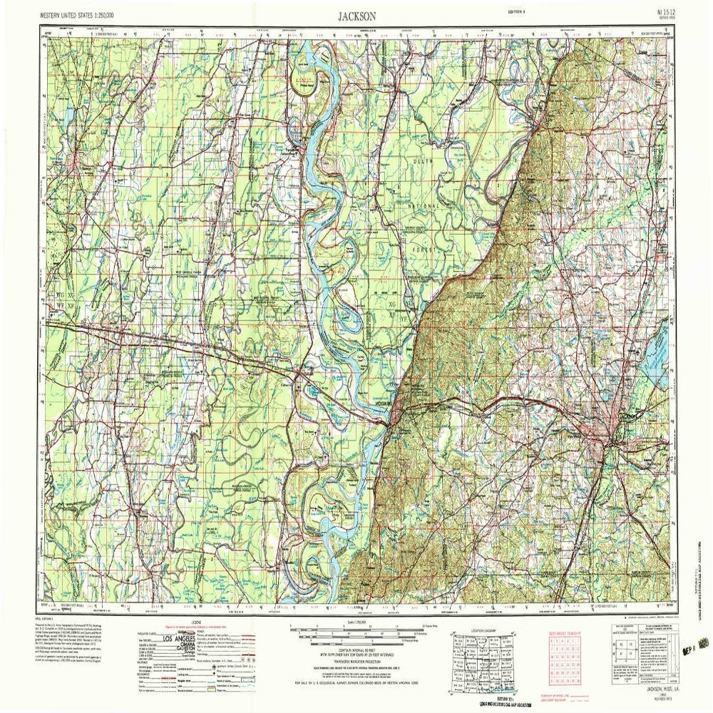 YellowMaps Jackson MS topo map, 1:250000 Scale, 1 X 2 Degree, Historical, 1955, Updated 1975, 22.1 x 33.9 in - Polypropylene