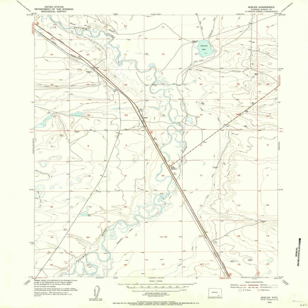YellowMaps Bosler WY topo map, 1:24000 Scale, 7.5 X 7.5 Minute, Historical, 1955, Updated 1956, 26.8 x 21.7 in - Polypropylene