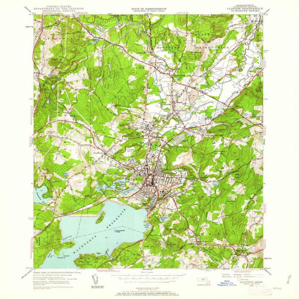 YellowMaps Clinton MA topo map, 1:24000 Scale, 7.5 X 7.5 Minute, Historical, 1950, Updated 1962, 26.8 x 22 in - Polypropylene