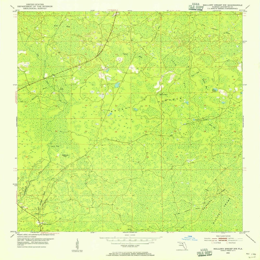 Mallory Swamp NW FL topo map, 1:24000 Scale, 7.5 X 7.5 Minute, Historical, 1954, Updated 1955, 26.8 x 22.9 in - Polypropylene