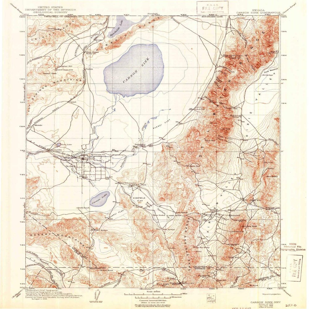 YellowMaps Carson Sink NV topo map, 1:250000 Scale, 1 X 1 Degree, Historical, 1910, Updated 1942, 19.9 x 16.5 in - Tyvek