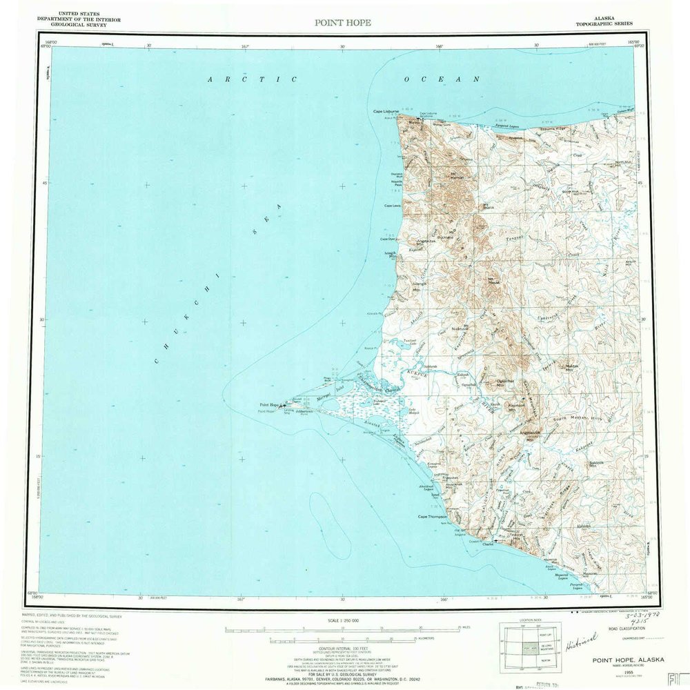 YellowMaps Point Hope AK topo map, 1:250000 Scale, 1 X 3 Degree, Historical, 1955, Updated 1970, 22.2 x 22.4 in - Tyvek