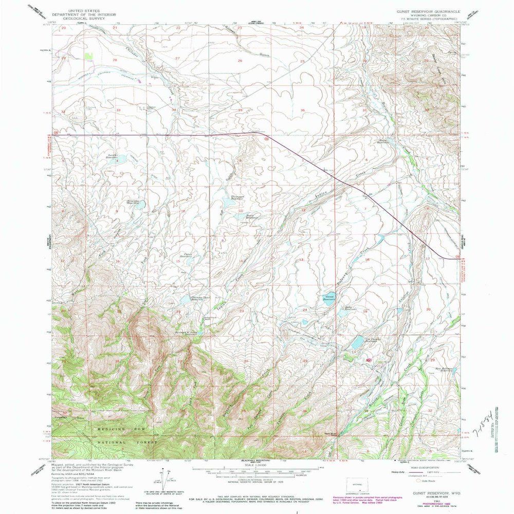 YellowMaps Gunst Reservoir WY topo map, 1:24000 Scale, 7.5 X 7.5 Minute, Historical, 1961, Updated 1984, 26.9 x 21.6 in - Polypropylene