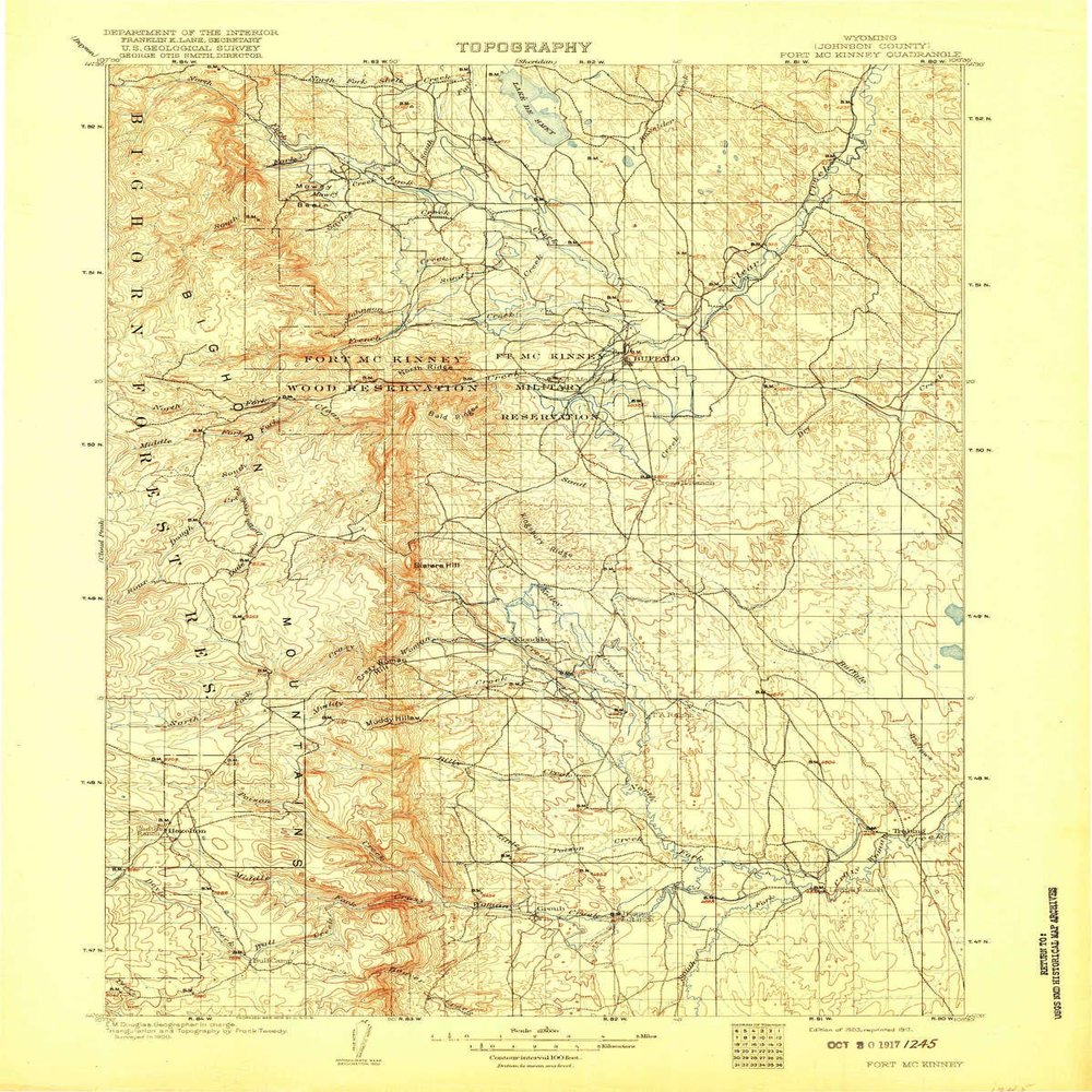 YellowMaps Fort McKinney WY topo map, 1:125000 Scale, 30 X 30 Minute, Historical, 1903, Updated 1917, 20.1 x 16.1 in - Tyvek