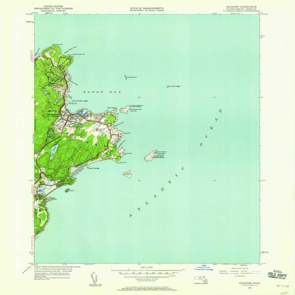 YellowMaps Rockport MA topo map, 1:24000 Scale, 7.5 X 7.5 Minute, Historical, 1949, Updated 1958, 27 x 22 in - Tyvek