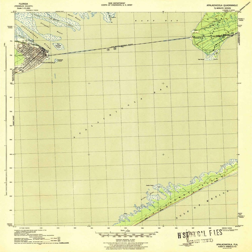YellowMaps Apalachicola FL topo map, 1:31680 Scale, 7.5 X 7.5 Minute, Historical, 1943, 20.3 x 17 in - Polypropylene
