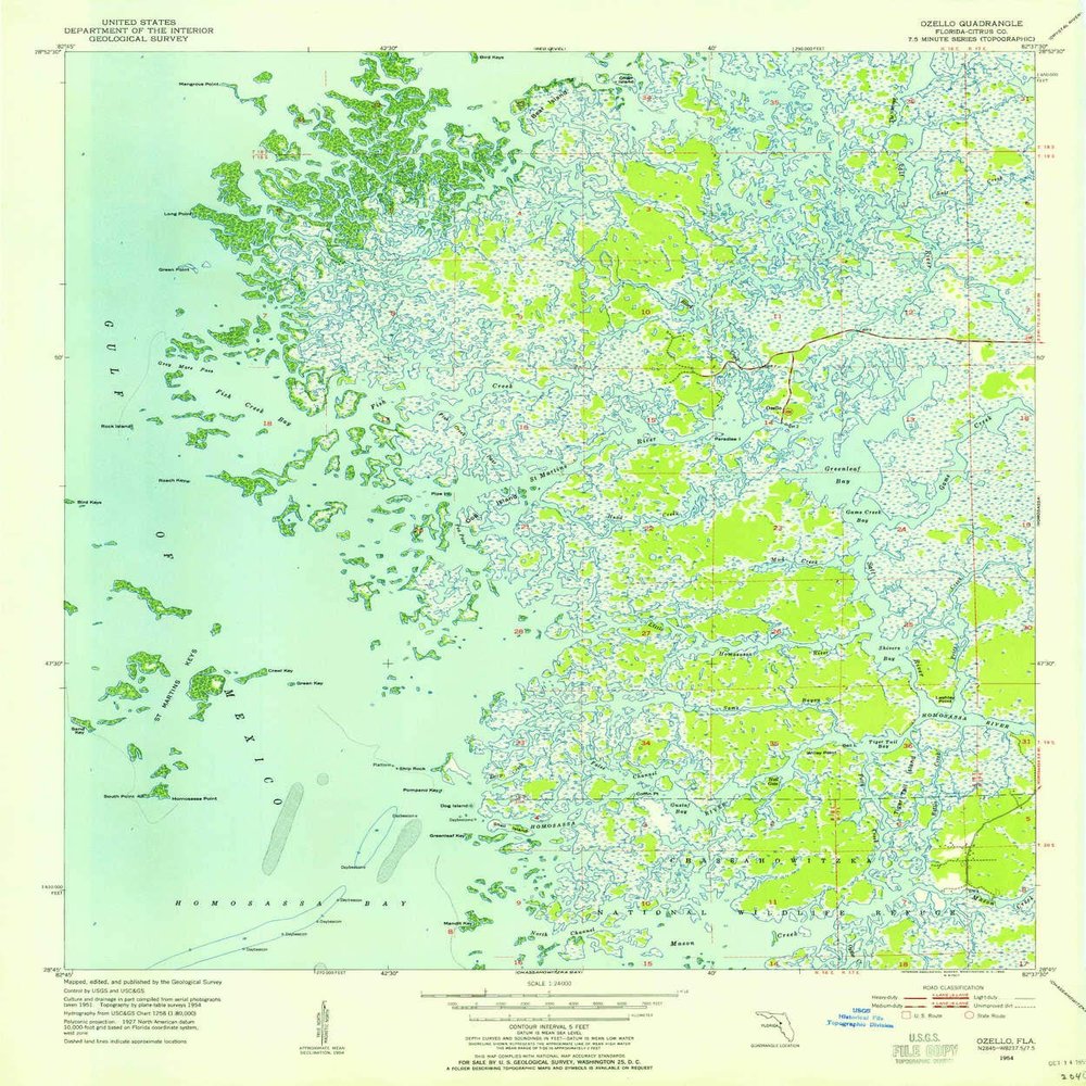 Ozello FL topo map, 1:24000 Scale, 7.5 X 7.5 Minute, Historical, 1954, Updated 1955, 26.9 x 22.4 in - Polypropylene