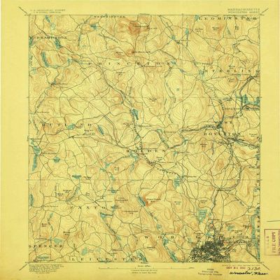 YellowMaps Worcester MA topo map, 1:62500 Scale, 15 X 15 Minute, Historical, 1892, Updated 1906, 19.8 x 15.8 in - Tyvek
