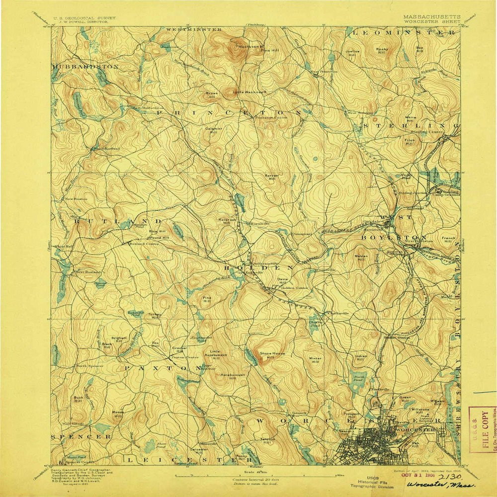 YellowMaps Worcester MA topo map, 1:62500 Scale, 15 X 15 Minute, Historical, 1892, Updated 1906, 19.8 x 15.8 in - Tyvek