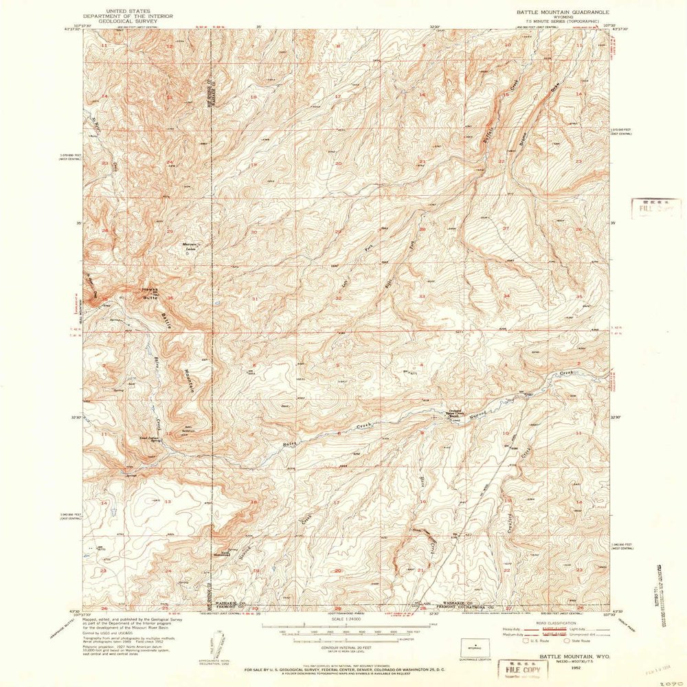 YellowMaps Battle Mountain WY topo map, 1:24000 Scale, 7.5 X 7.5 Minute, Historical, 1952, Updated 1954, 26.9 x 21.6 in - Polypropylene