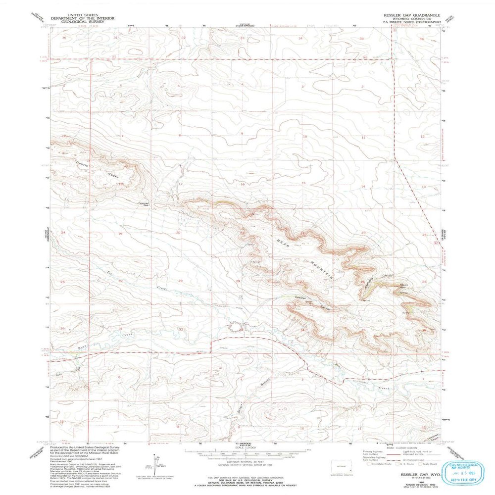 YellowMaps Kessler Gap WY topo map, 1:24000 Scale, 7.5 X 7.5 Minute, Historical, 1960, Updated 1993, 27.2 x 21.6 in - Tyvek