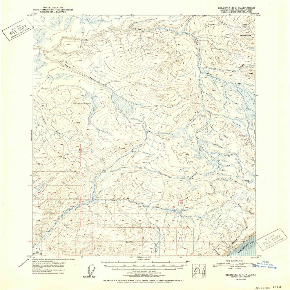 Seldovia D 4 AK topo map, 1:63360 Scale, 15 X 15 Minute, Historical, 1951, 20.8 x 17 in - Tyvek
