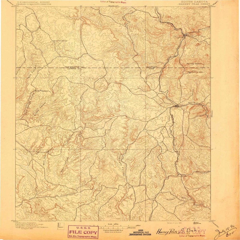 YellowMaps Harney Peak SD topo map, 1:125000 Scale, 30 X 30 Minute, Historical, 1896, 19.6 x 15.7 in - Tyvek