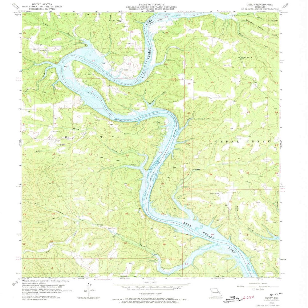 YellowMaps Mincy MO topo map, 1:24000 Scale, 7.5 X 7.5 Minute, Historical, 1956, Updated 1974, 26.9 x 22 in - Tyvek